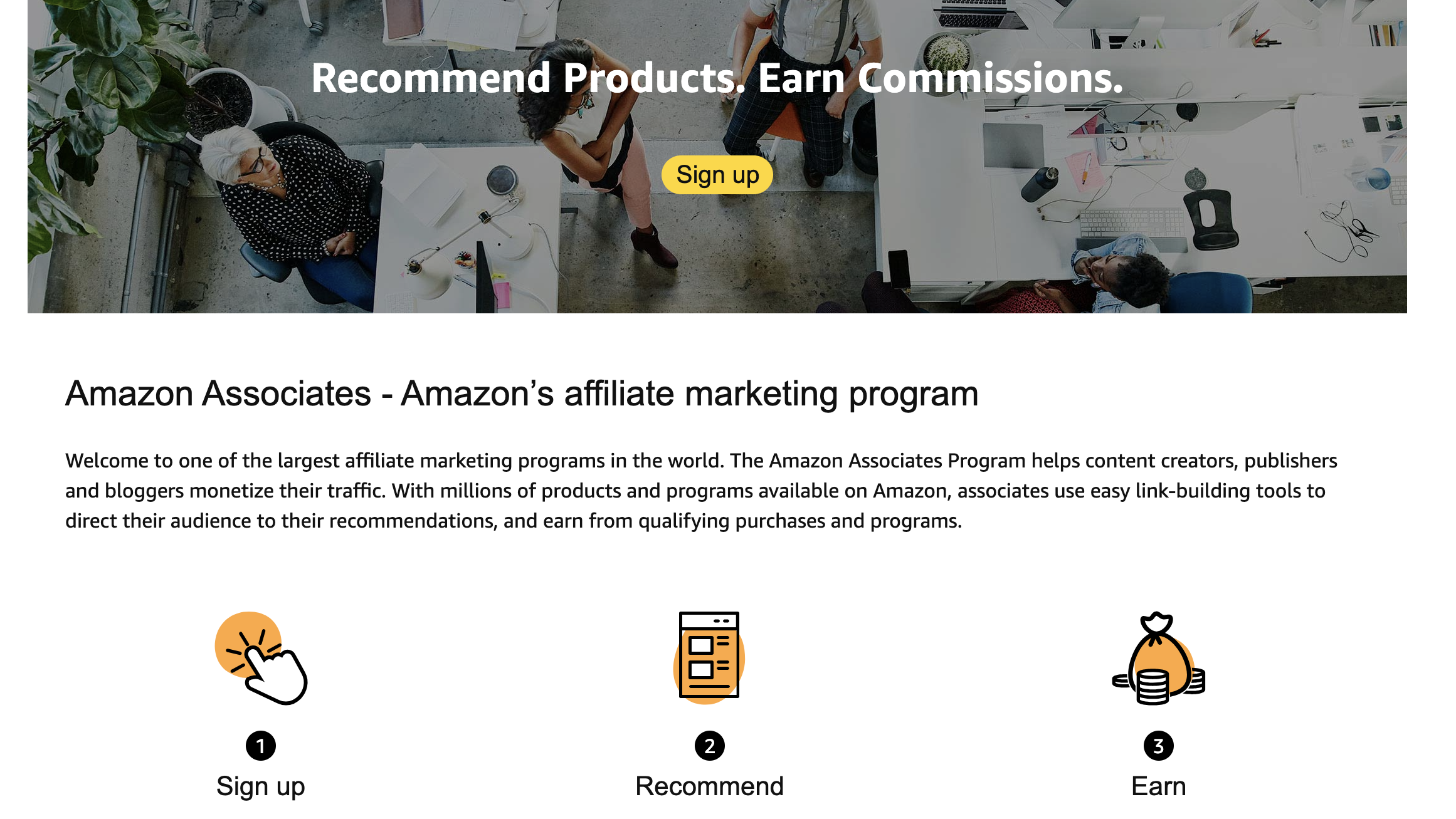 Amazon Associates program signup page on computer screen