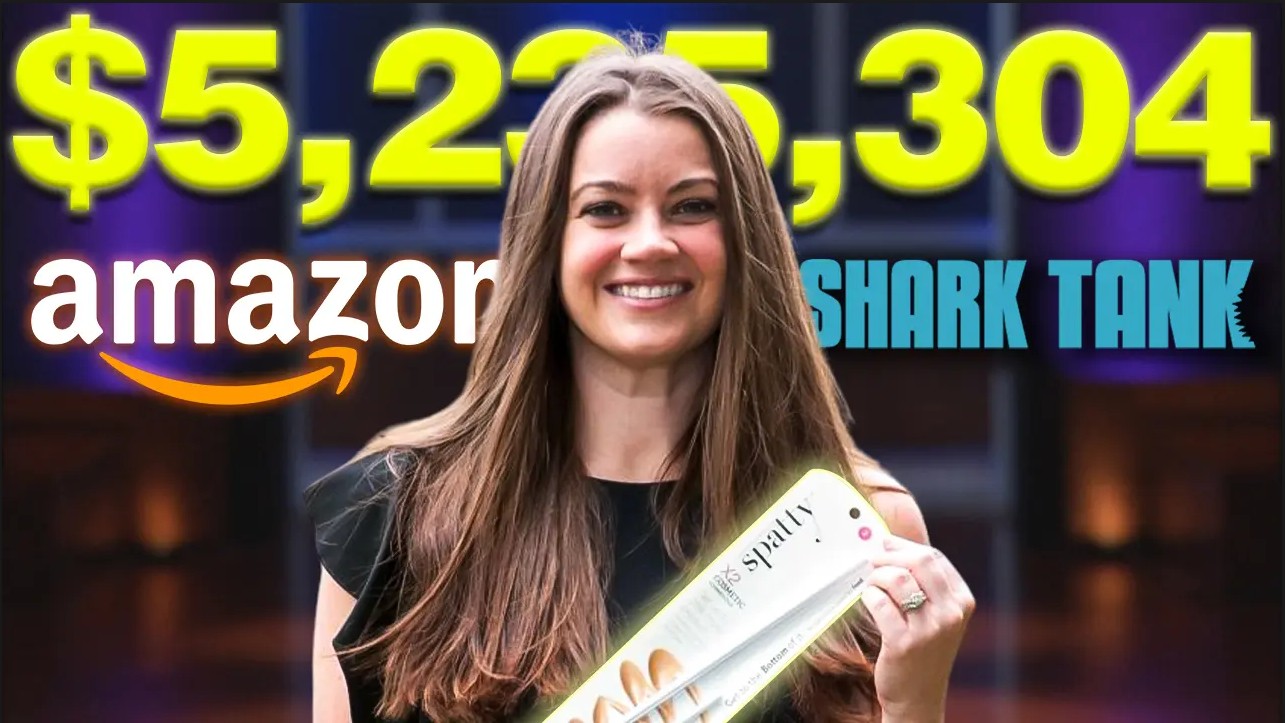 Successful Amazon FBA entrepreneur Cheryl holding Spatty product with $5.2 million revenue displayed, Amazon and Shark Tank logos visible in background