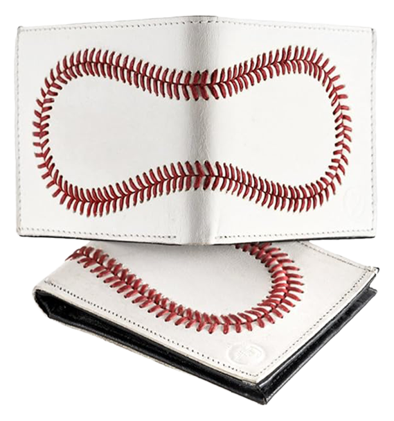 White baseball leather wallet showing stitching detail and craftsmanship
