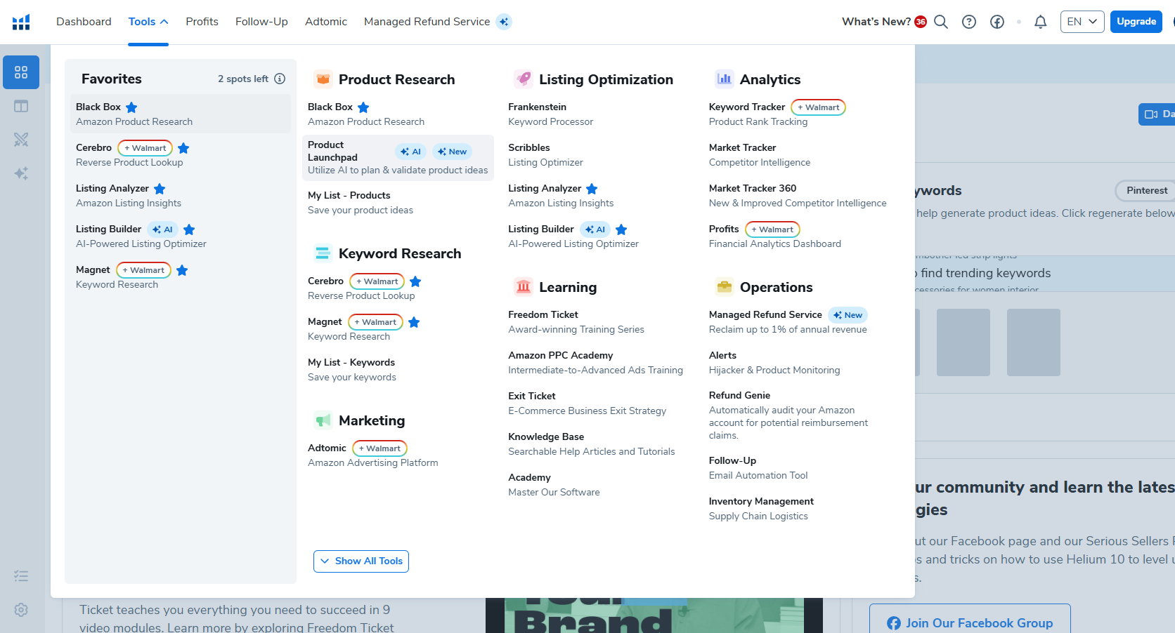 Helium 10 keyword research tool displaying search volume data for Amazon products. Amazon FBA keyword research tool interface displaying search data and metrics