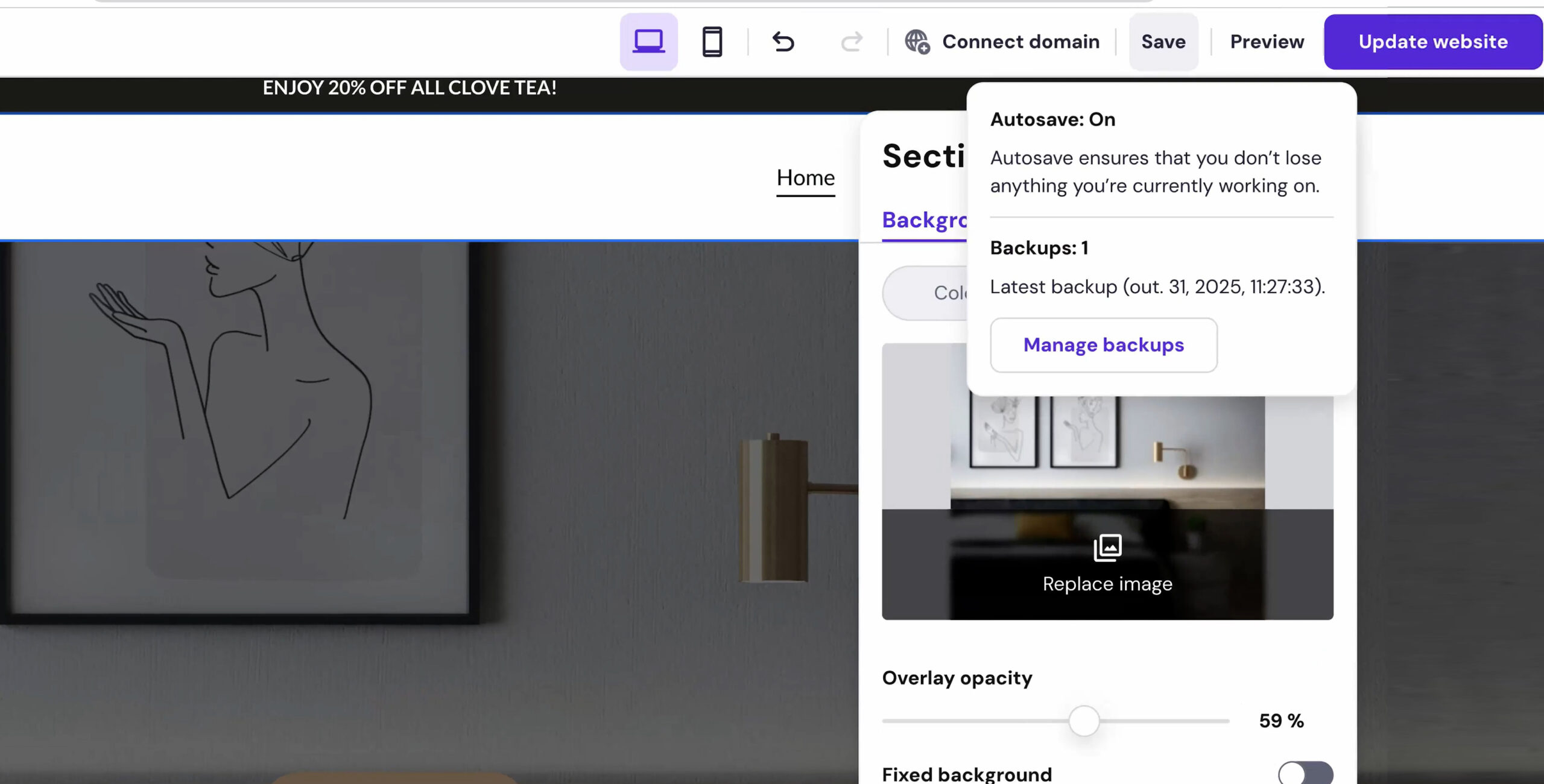 Customizing your website design in you AI Website builder with Auto save feature