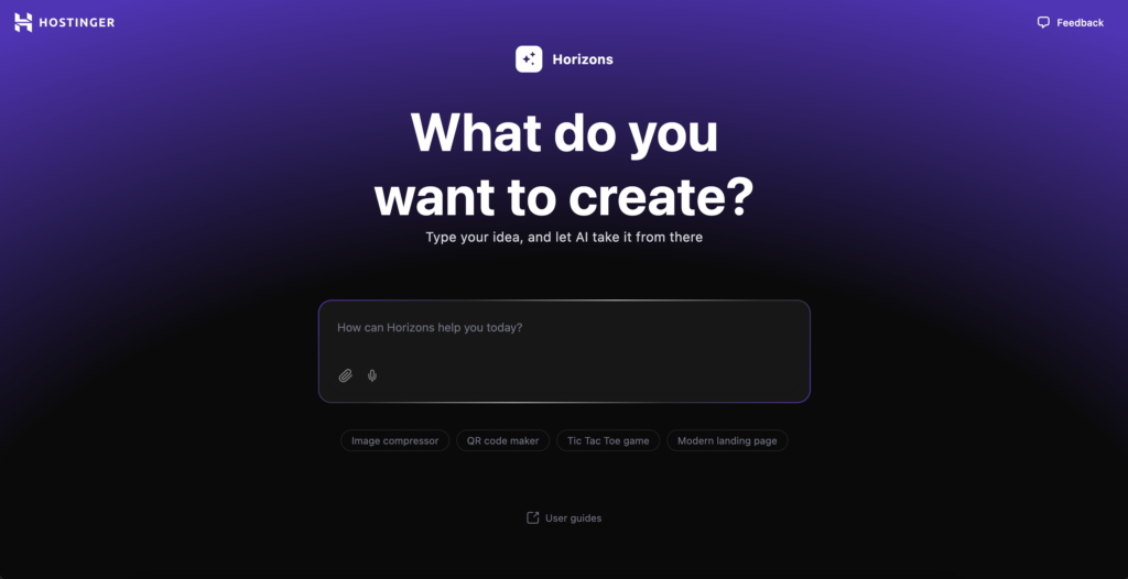 Hostinger Horizons interface asking what do you want to create question