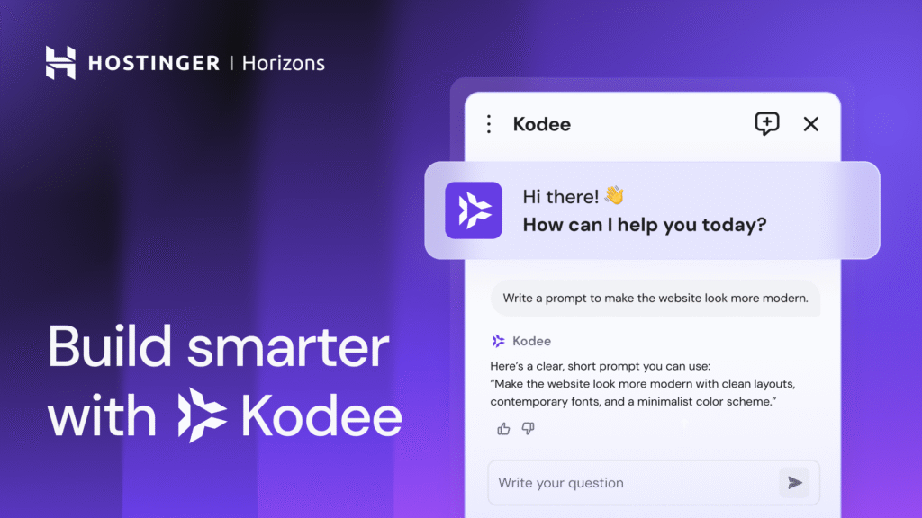 Hostinger Horizons Kodee interface translating user ideas into optimized AI prompts