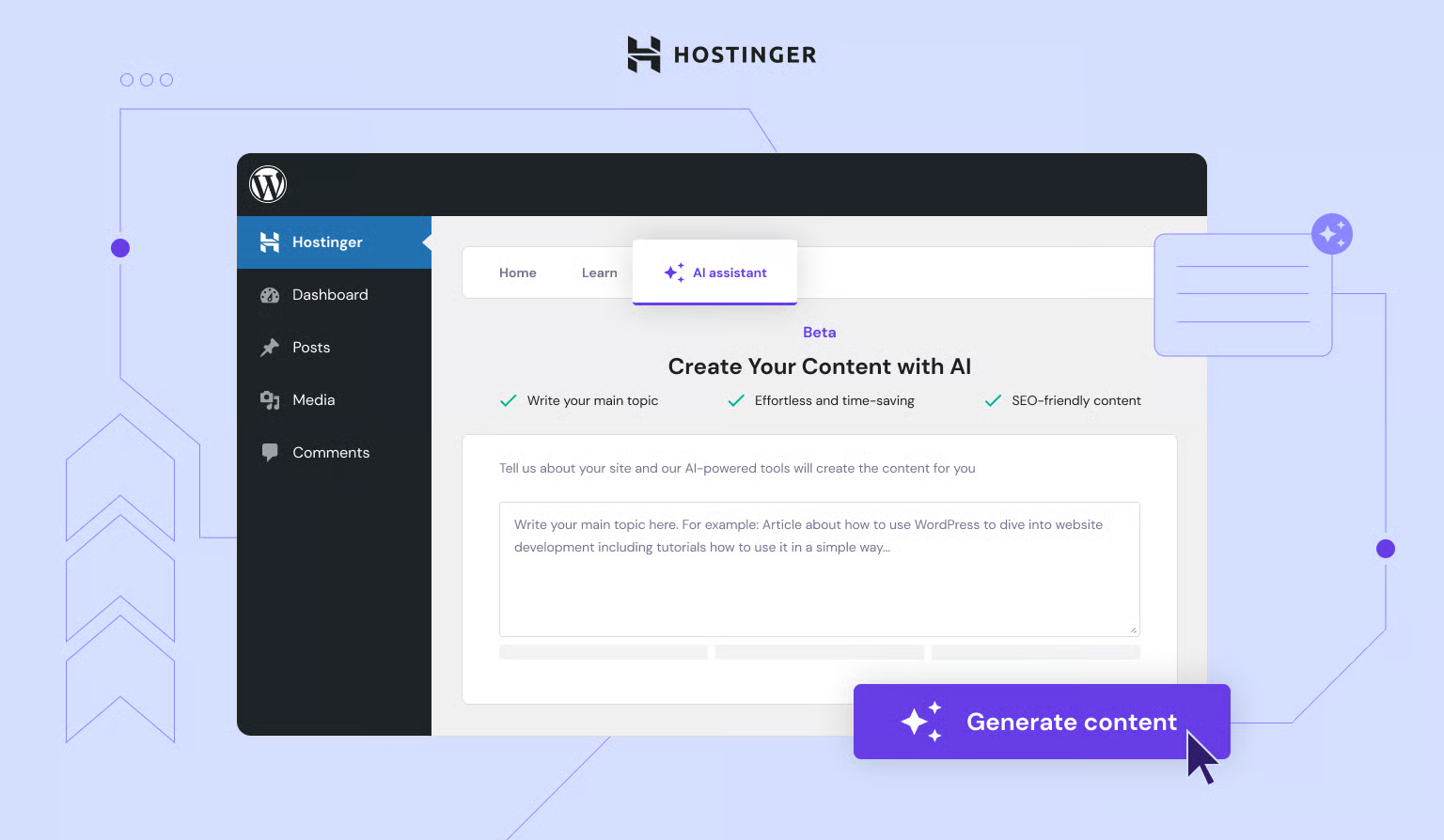 Hostinger AI SEO Assistant analyzing blog post content automatically