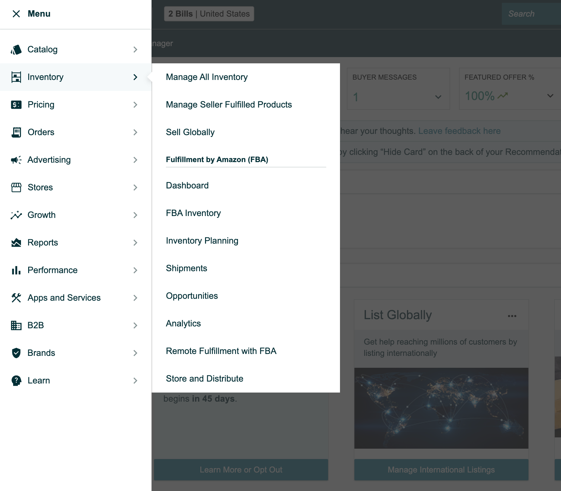 long drop down menu in the amazon seller dashboard