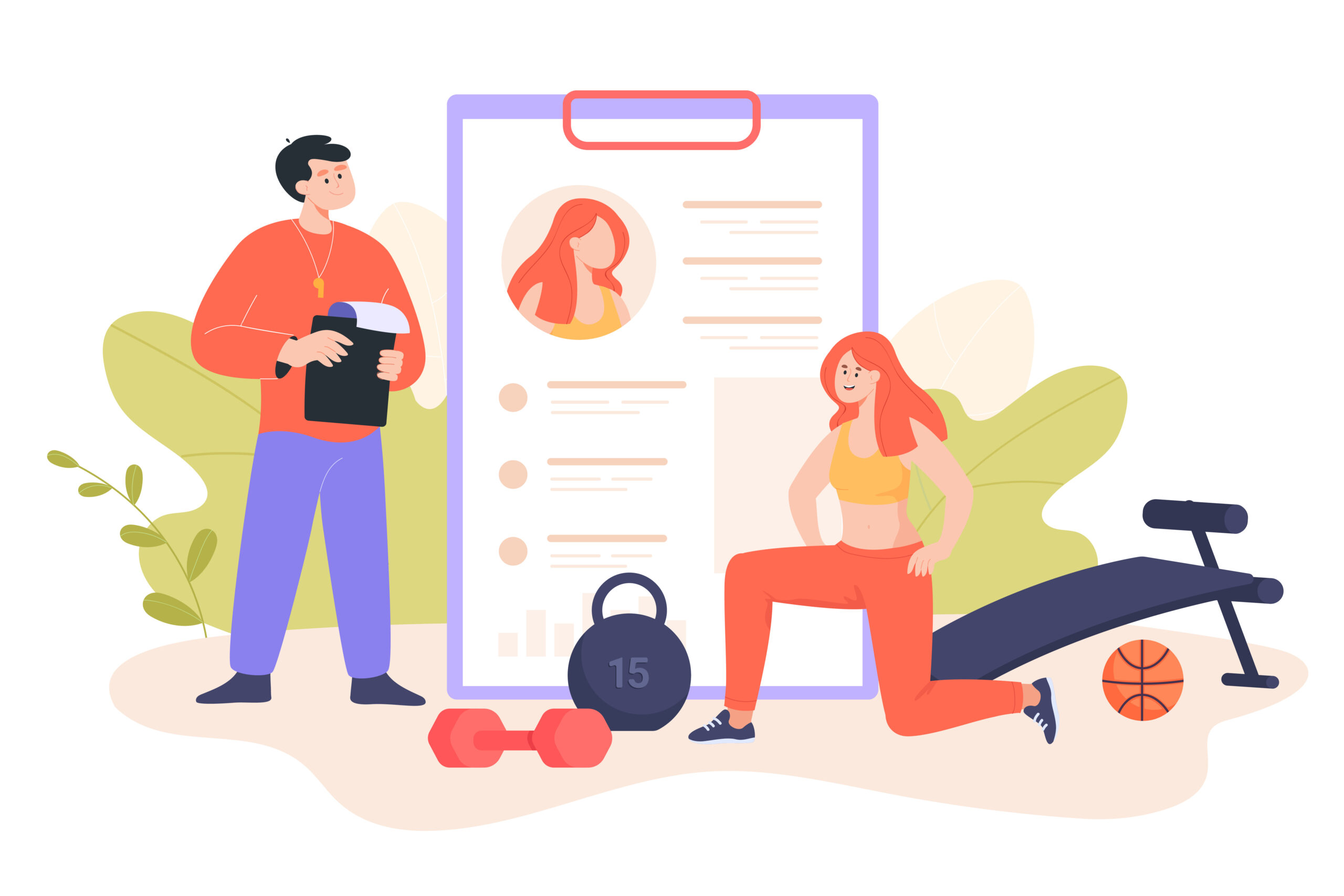 Personal trainer and woman exercising in gym. Coach training fit girl, equipment for physical activities flat vector illustration. Healthy lifestyle, fitness concept for banner or landing web page