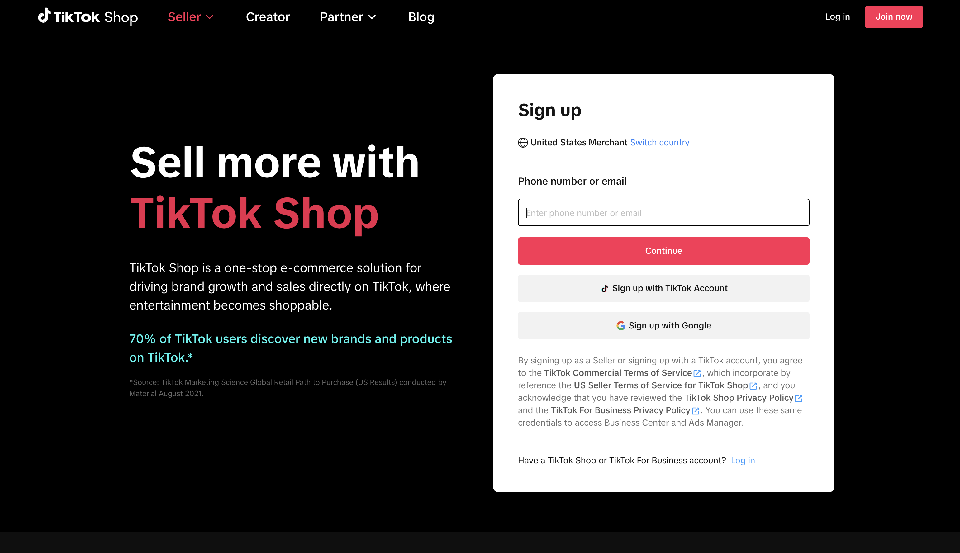 TikTok Shop setting up an account homepage