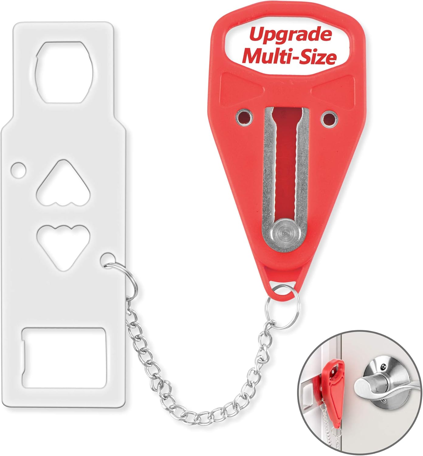 Portable hotel door lock Amazon FBA product with a red travel seccurity lock, white metal door plate