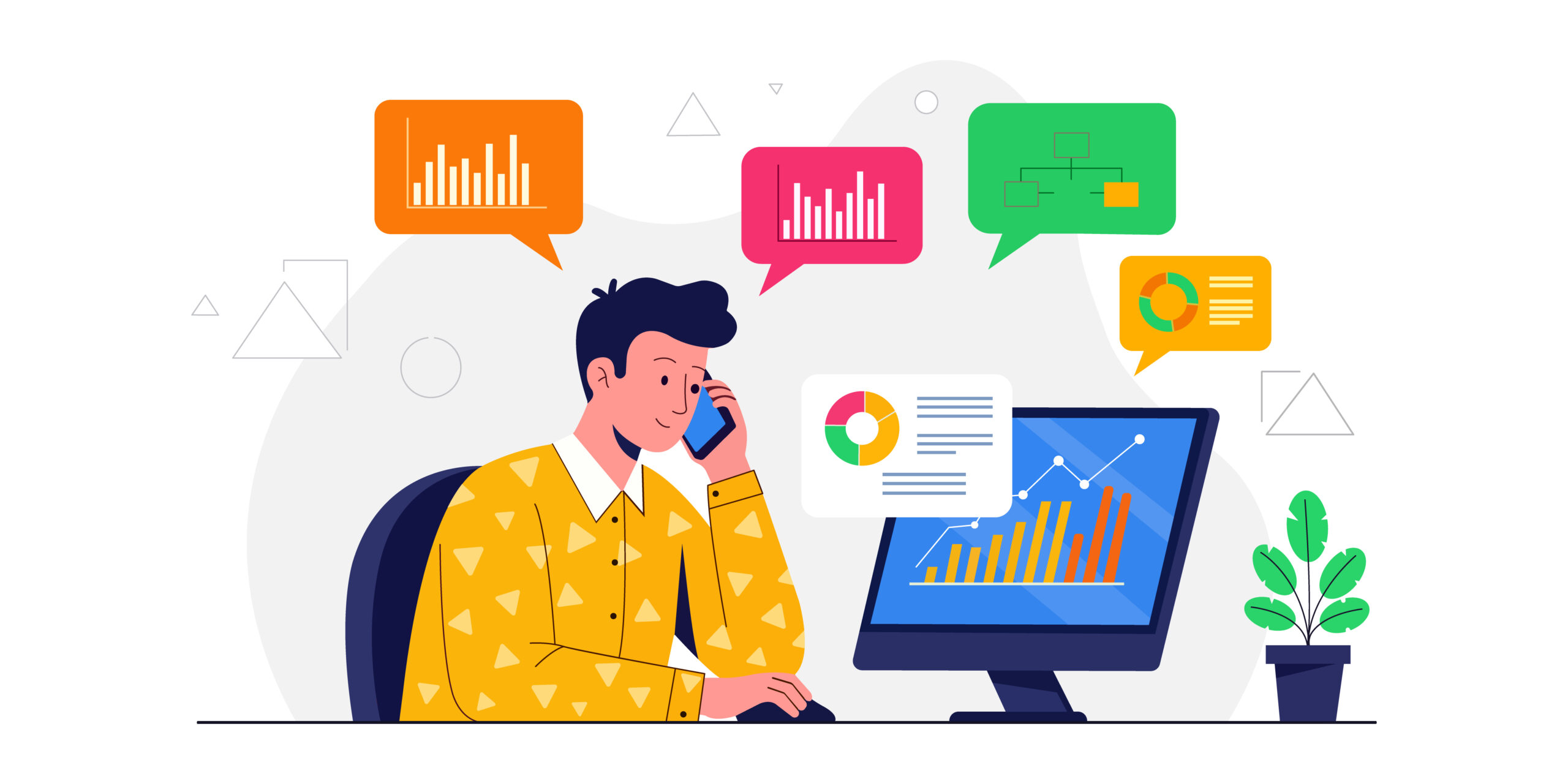 A person in a call with data and growth icons