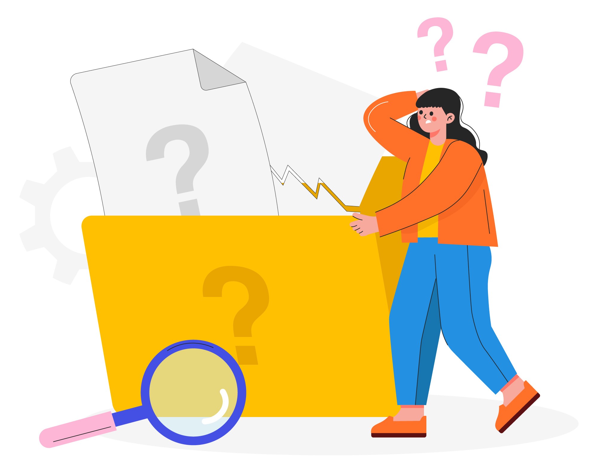 Illustration of a woman with a magnifying glass and question marks examining documents, representing the hidden problem of not owning customer datae when selling on Amazon