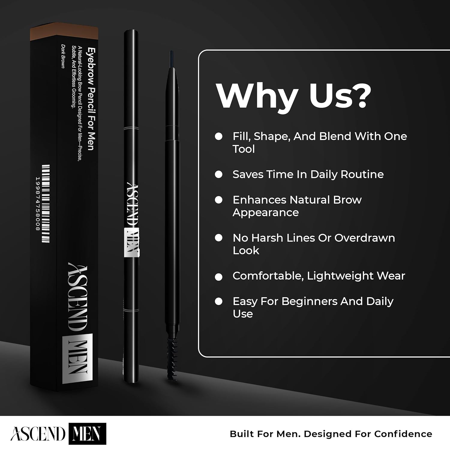 Ascend Men eyebrow pencil packaging beside a "Why Us?' feature list, showcasing professional branding and product design for a men's grooming product on Amazon