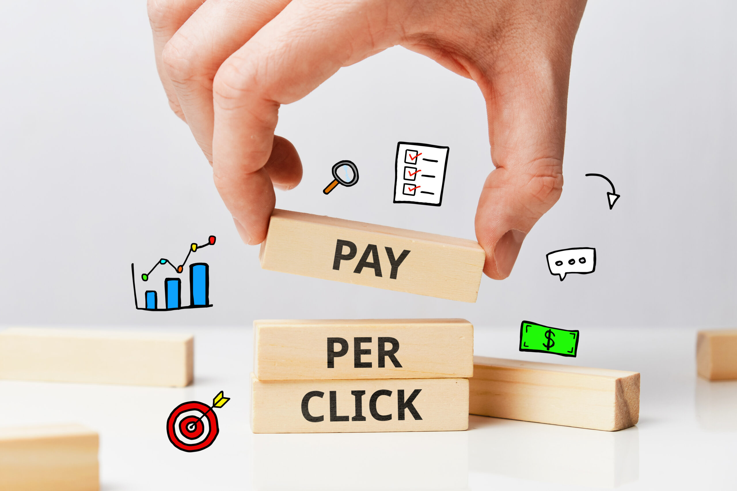 A hand stacking light-colored wooden blocks that spell out "PAY PER CLICK" with illustrated icons around them, including a magnifying glass, line chart, target, and dollar sign, representing Amazon PPC optimization.
