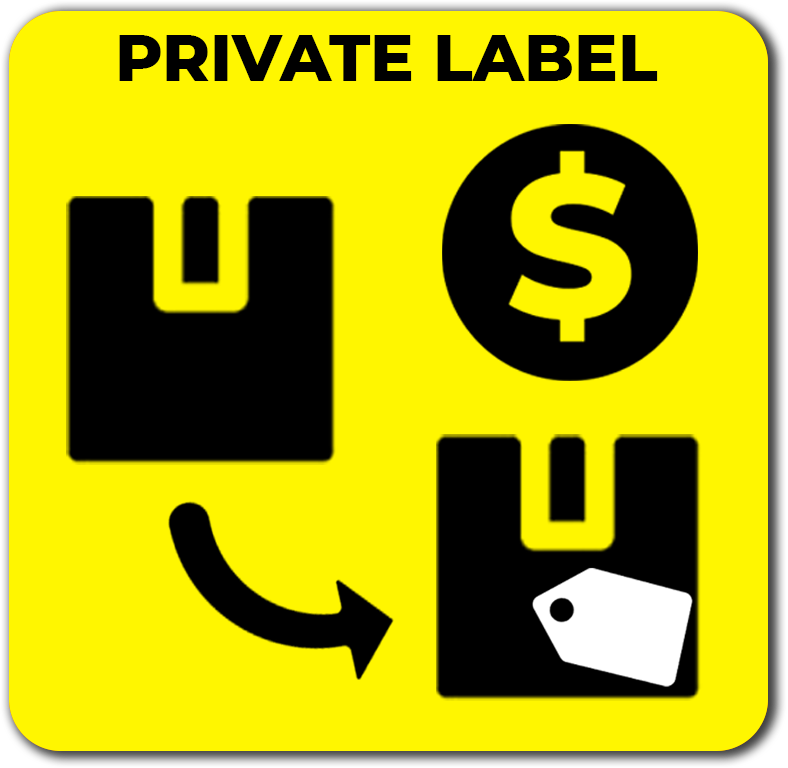 Private label icon boxes, a dollar sign, and a price tag, representing sourcing an existing product and rebranding it under your own label to sell on Amazon FBA