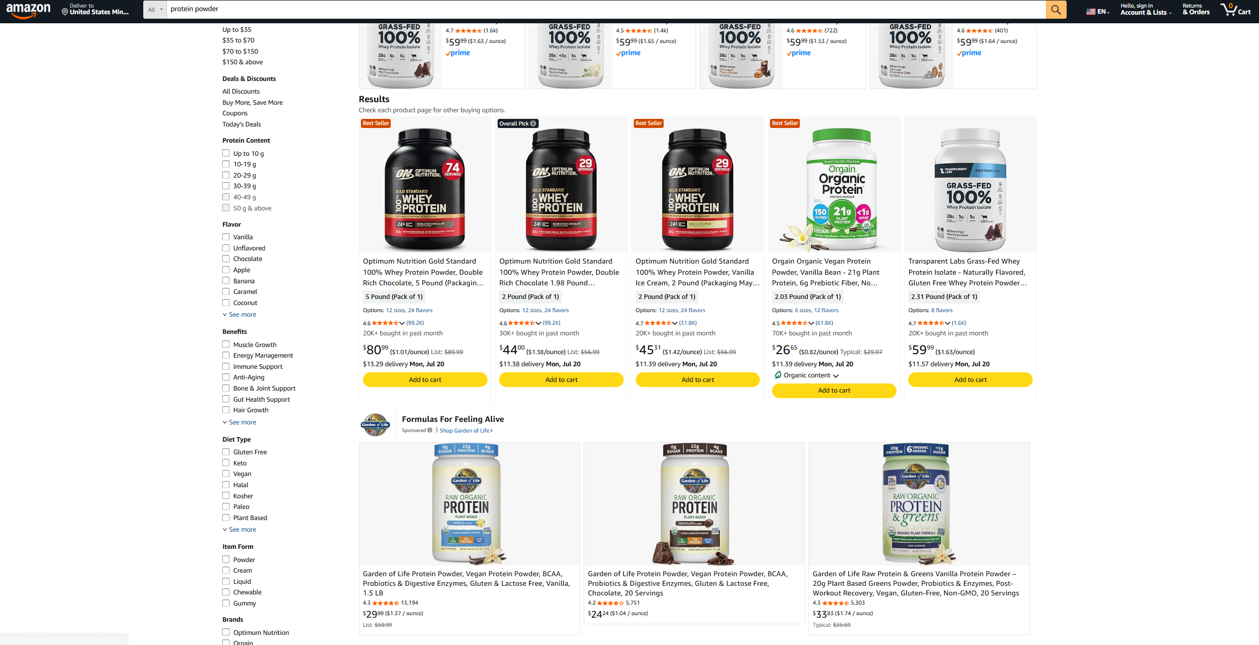 Finding a real product by searching Protein powder in Amazon