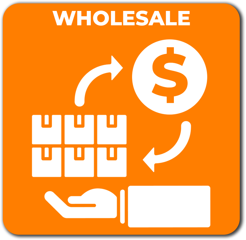 Wholesale icon showing boxes, a dollar sign, and a hand exchange, representing buying products in bull at a discount to resell at full retail price on Amazon FBA