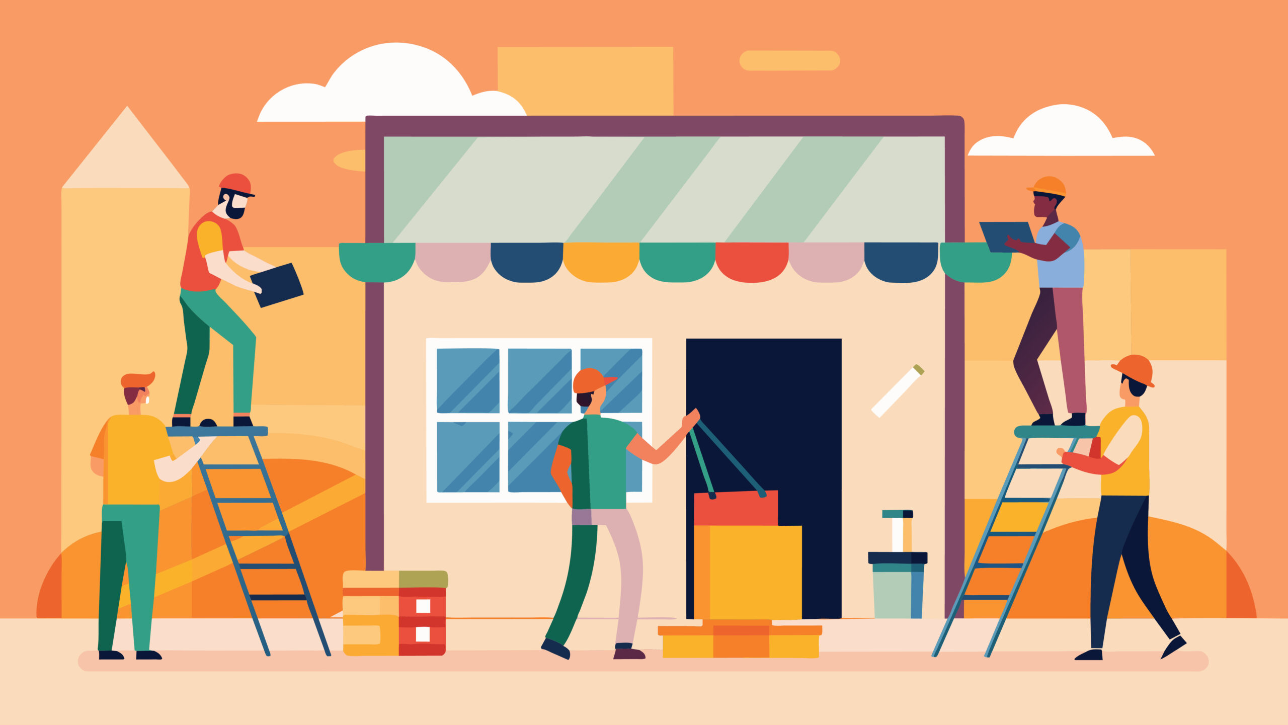 Building out individual store spaces with workers installing walls flooring and lighting fixtures.. Ecommerce platform for independent store builders including WooCommerce and Shopify