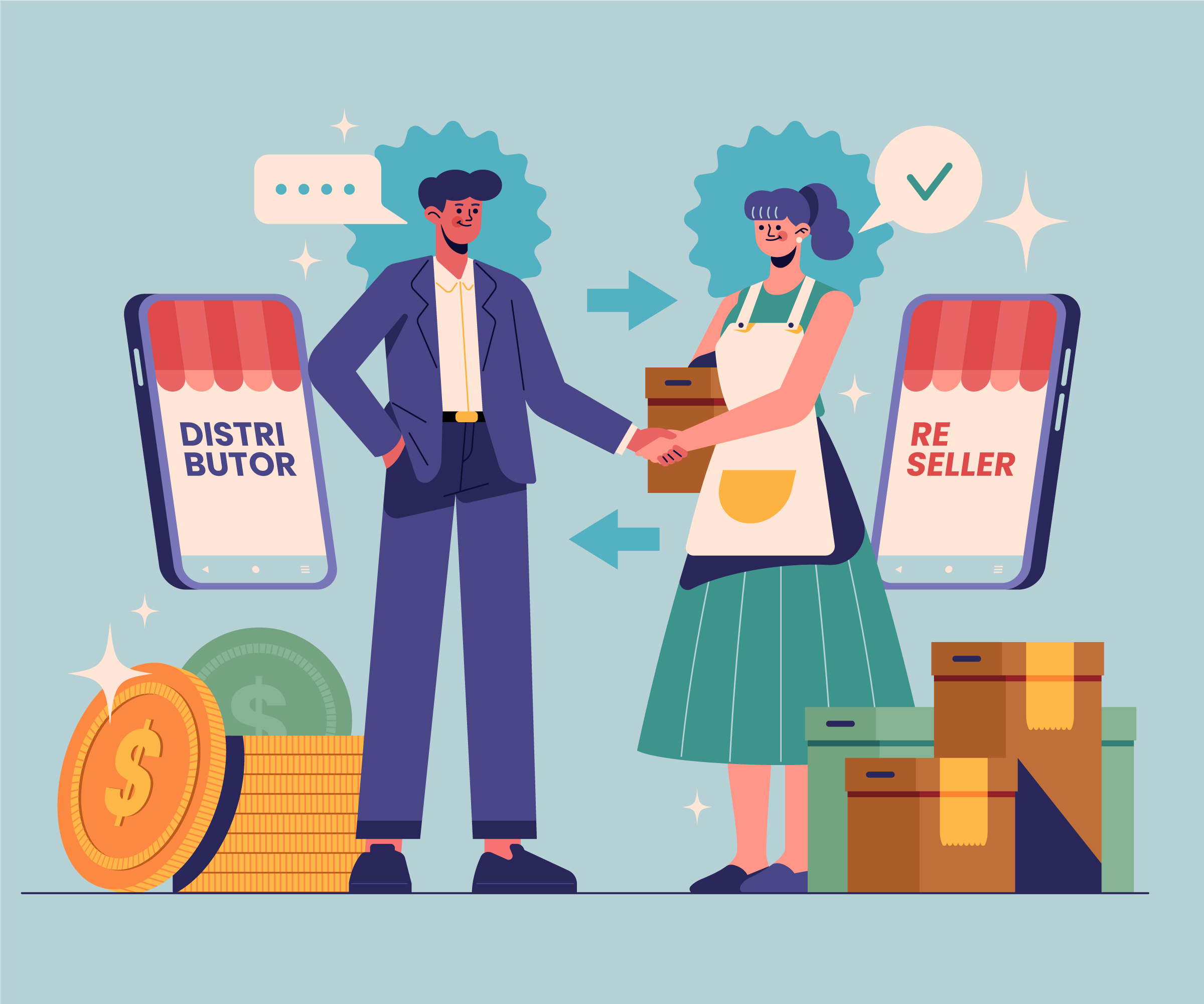 Featuring an illustration of a distributor and reseller shaking hands with mobile storefronts and coin stacks, alongside text about Amazon sellers' results using BQool's AI PPC tool