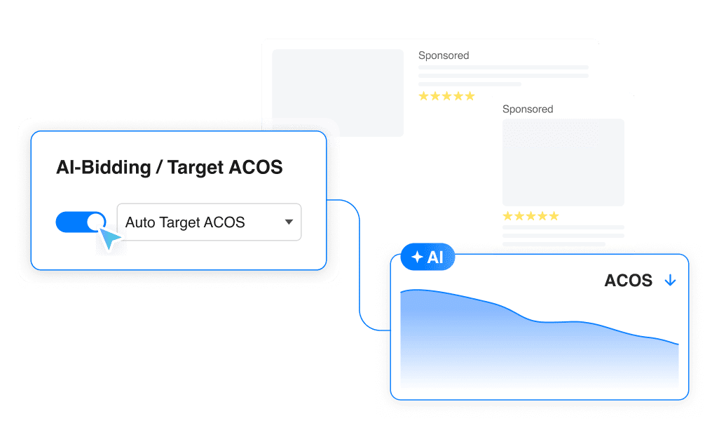 BQool AI-Bidding dashboard tutorial titled "Turn On AI bidding And Set Your ACoS Target", showing a toggle switch for Auto Target ACoS next to a declining ACoS trend chart for Amazon PPC Ads