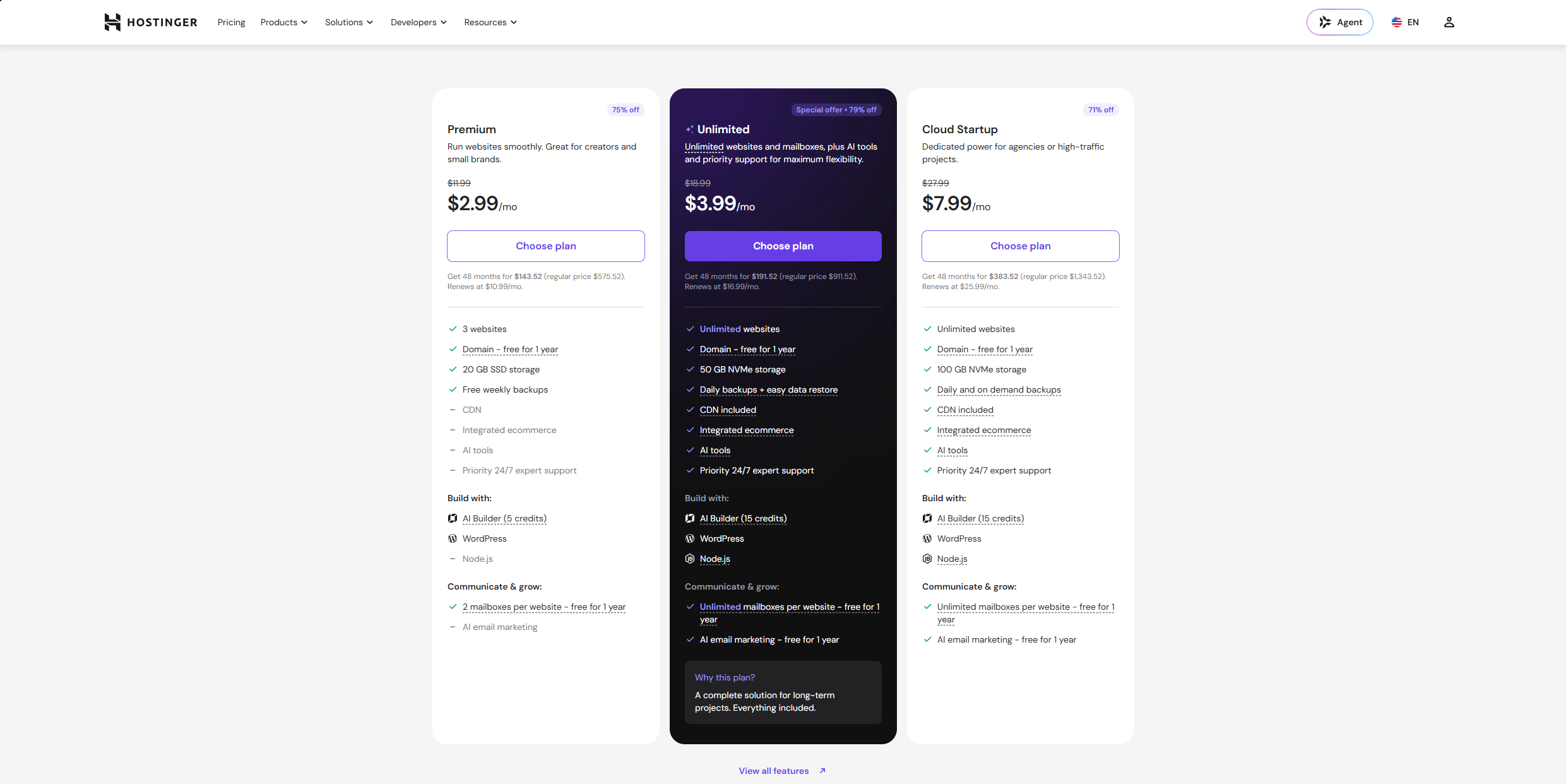 The Hostinger pricing page showing the 48-month Unlimited plan. Publishing an affiliate store costs about $4 a month.
