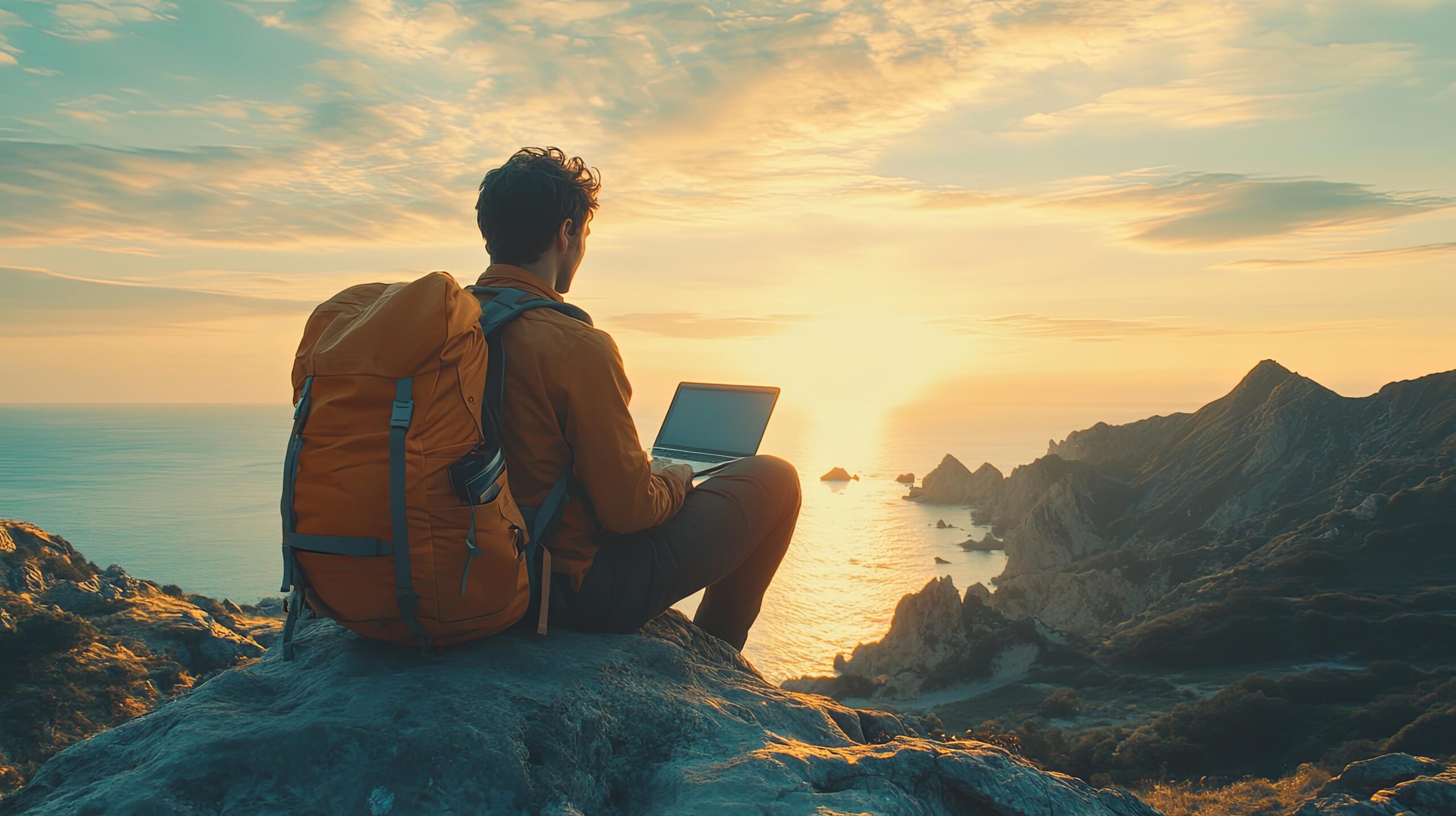 Online seller working remotely on a laptop from a cafe while enjoying location freedom