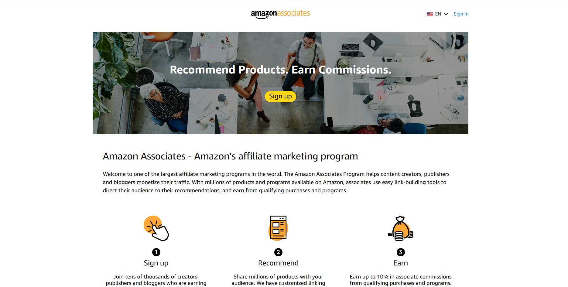 The Amazon Associates sign-up page open on a desktop screen. Shows the first free step of Amazon affiliate marketing.