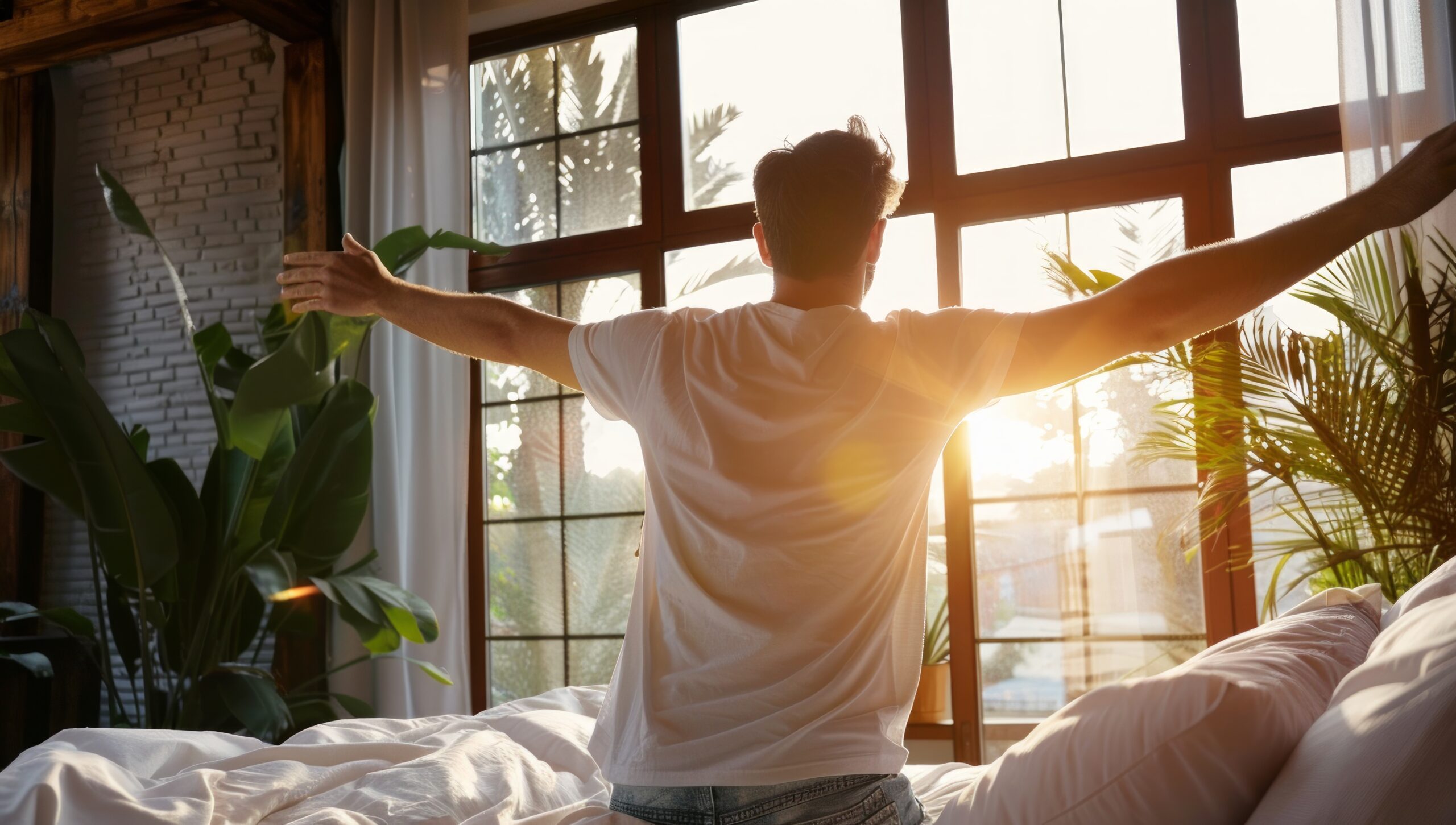 Entrepreneur habots - man stretching by sunlit window during morning routine