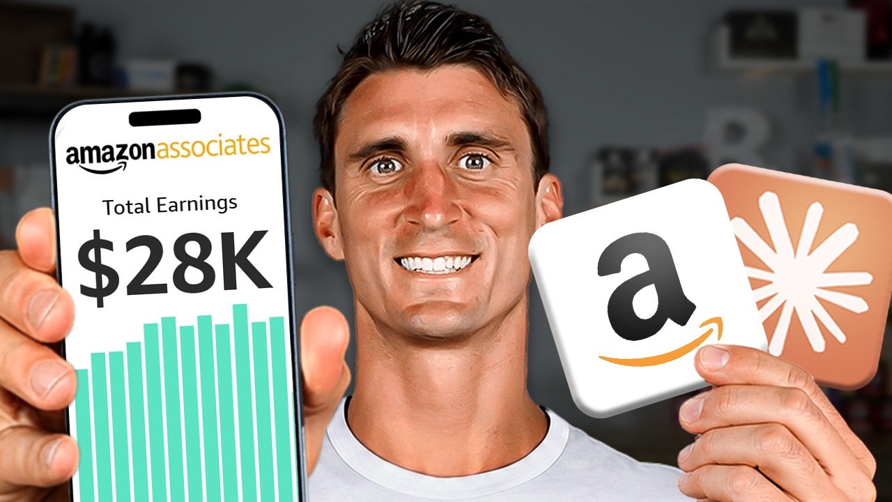 A phone showing an Amazon affiliate marketing dashboard with clicks and commissions. Illustrates earning on Amazon without holding inventory.