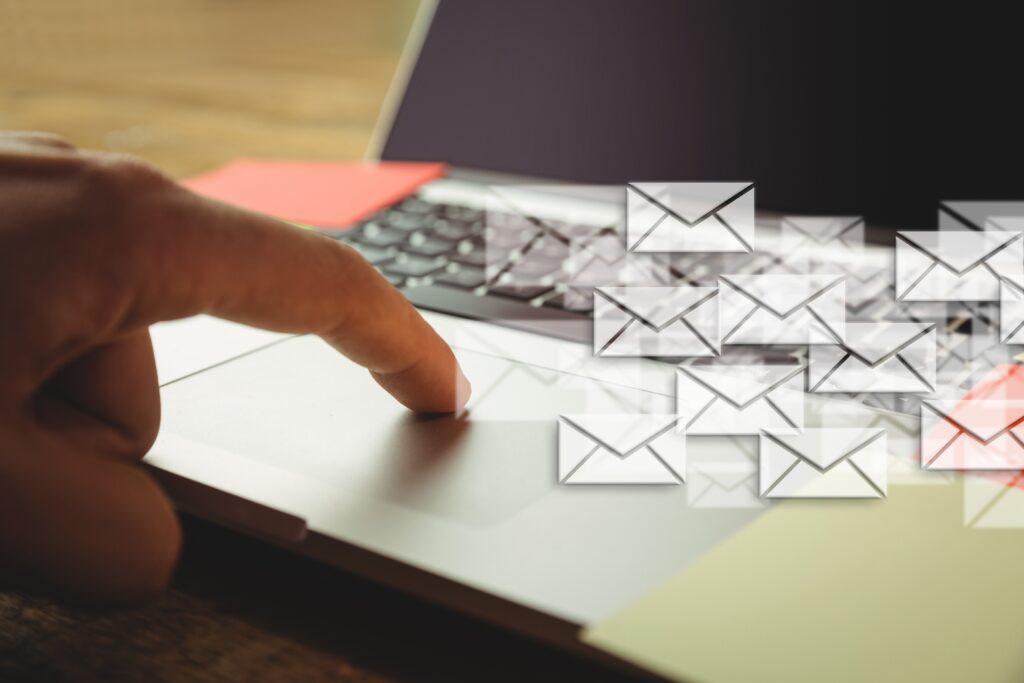 An email inbox shows a launch announcement with a button to an Amazon listing. Email marketing sends buyers straight to an Amazon product launch.